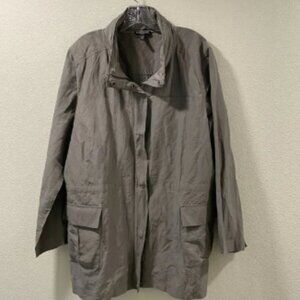 (NEW) EILEEN FISHER Light Wind Breaker Stand Collar Zip Hidden Hood, Gray - 2X